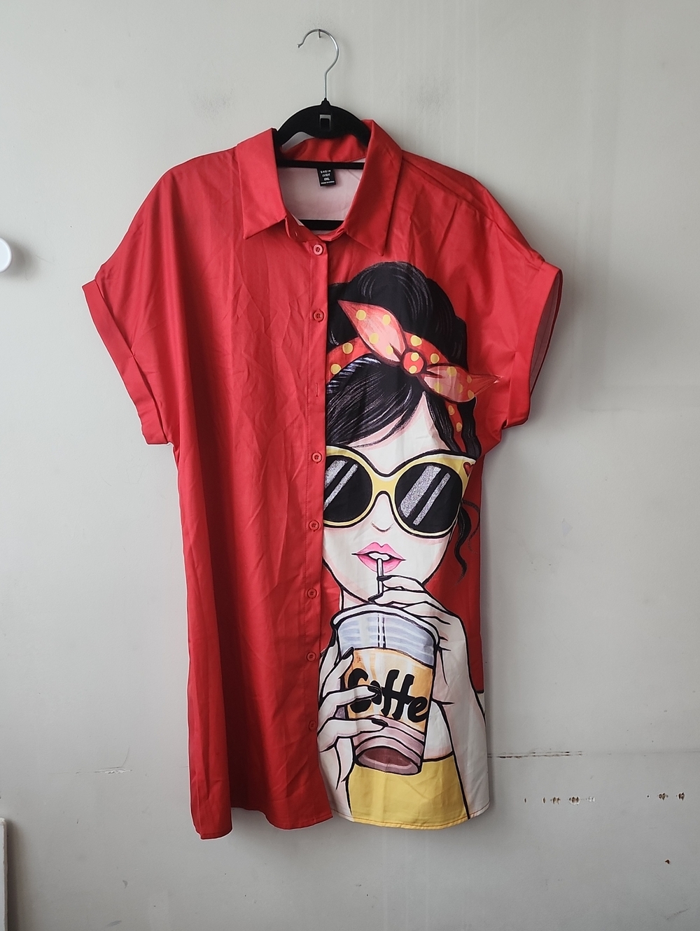 Red Button-Up Tunic Dress with Graphic Girl Print. New Without Tag